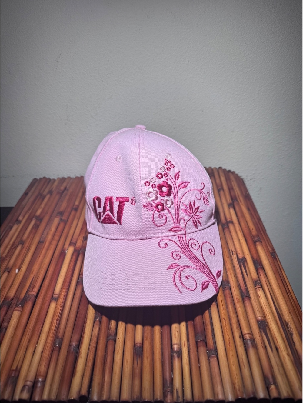 CAT Caterpillar Pink Floral Embroidered Adjustable Baseball Cap Hat Women’s